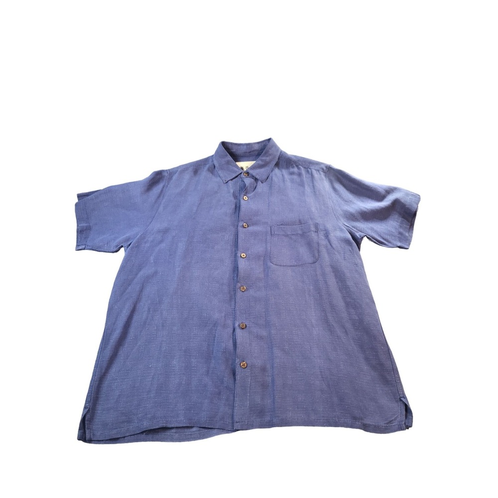 intage Silk Shirt Mens XL Blue Linen Button Up Island Travel Casual Camp Short